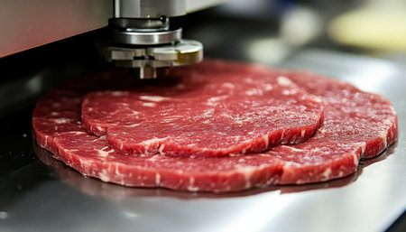3D Printed Meat Close-Up View of Layered Raw Beef, Highlighting Food Technology and Innovation.の素材