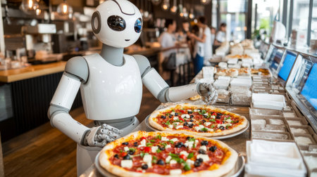 Robot Chef Prepares Pizza, Automation in Food Industry. Restaurant with Modern, Fast Technology.の素材