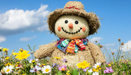 Smiling Scarecrow, Dressed in Bright Colors, Stands in a Field of Wildflowers on a Sunny Summer Day.の素材