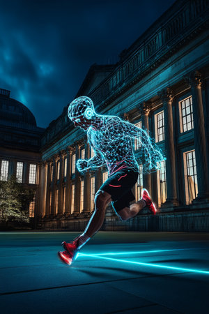 Athlete In Motion, Neural Network Overlay, Highlighting Physical And Cognitive Performance.の素材