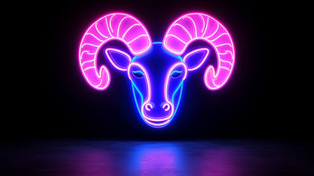 Neon Sign of Aries Zodiac Symbol Glowing Ram Head on Dark Background, Astrology Conceptの素材