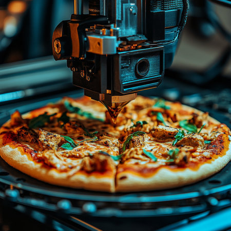 3D Printed Pizza, Modern Food Technology. Robot Cooks Pizza. Future of Cooking Concept.の素材