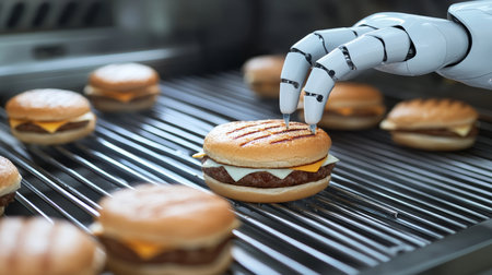 Robotic Chef Flips Burgers with Precision AI Precision on a Grille, Redefining Fast Foodの素材
