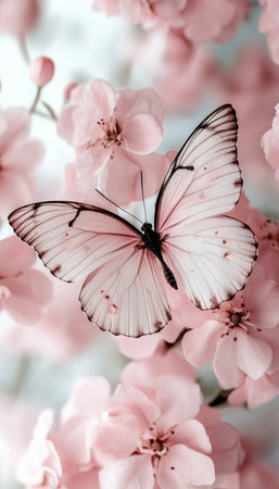 Delicate White Butterfly Resting on Blooming Pink Flowers in a Tranquil Garden Retreatの素材