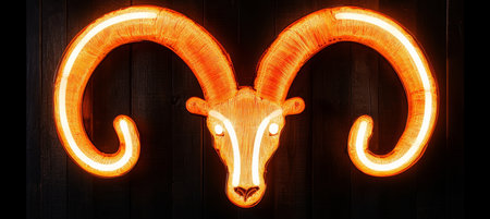 Neon Ram Sign Bright, Luminous Capricorn Zodiac Art on Dark Rustic Wooden Background.の素材