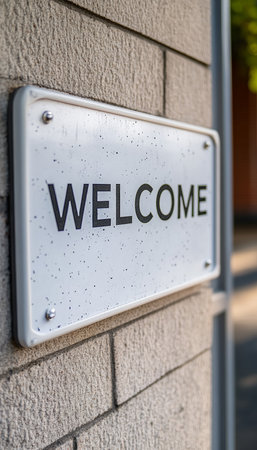 Modern Welcome Sign on a Textured Brick Wall, Entrance to a Building, Concept of Hospitality.の素材
