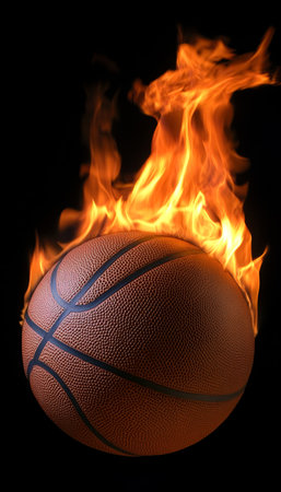 Burning Basketball A Basketball Engulfed in Vivid, Intense Flames on a Black Backgroundの素材