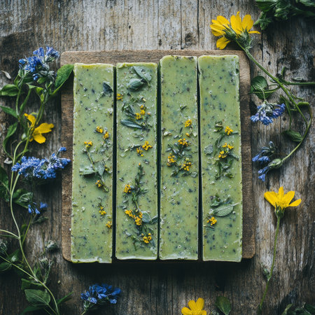 Four Bars of Green Herbal Handmade Soap with Dried Wildflowers, Top View Artisanal Soap Makingの素材
