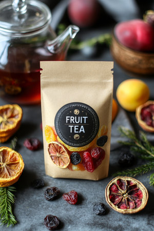 Fruit Tea Blend in Kraft Paper Pouch with Dried Citrus, Berries,. on Rustic Background Styleの素材