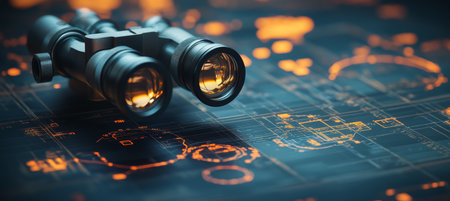 Advanced Engineering Technology Binoculars Rest on Blueprints for Future Innovation, 3D Render.の素材