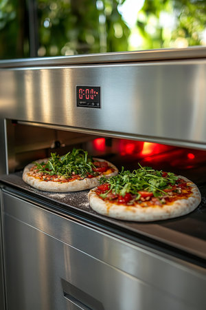 Homemade Pizza Baking in a Professional Pizza Oven with Red-Hot Heating Elements, Close Upの素材