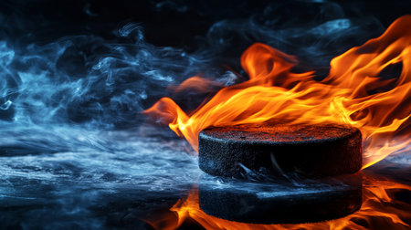 Burning Desire Hockey Puck Engulfed in Flames with Dramatic Lighting, Black Backgroundの素材