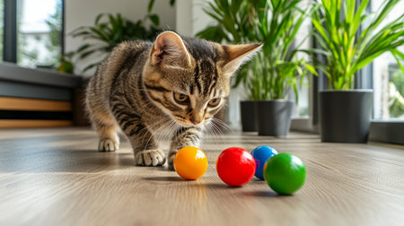 Playful Tabby Kitten Exploring Colorful Balls, a Sunny and Bright Modern Living Room Setting.の素材