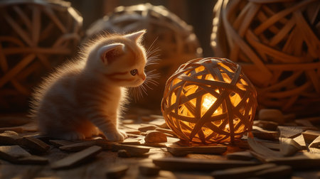 Curious Kitten and Glowing Orb in Warm Sunlight A Captivating Moment of Feline Innocenceの素材