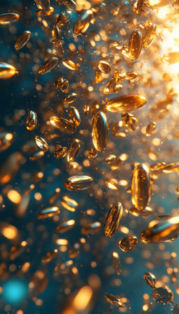 Golden Softgel Capsules in Motion A Symphony of Health and Wellness on a Dark Blue Backgroundの素材