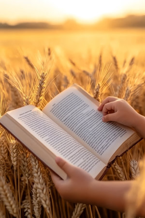 Childs Hands Gently Open a Book Amongst Golden Wheat, Immersing in Knowledge at Sunset.の素材
