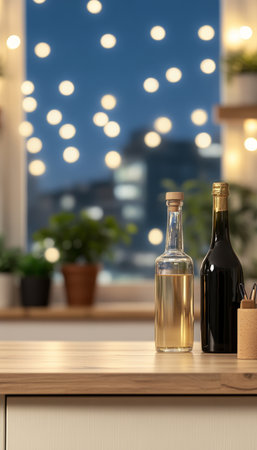 Bohemian Kitchen Interior at Twilight with Blurred City Lights, Olive Oil, and Wine on Countertopの素材