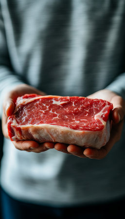 Close-up, Man Holding Raw Strip Steak, Preparing for Cooking, Delectable Culinary Delightsの素材