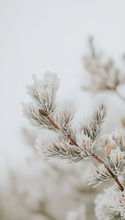 Frosty Pine Needs, Winter Wonderland Serene Close-Up of Snow-Covered Pine Branch on a Misty Dayの素材