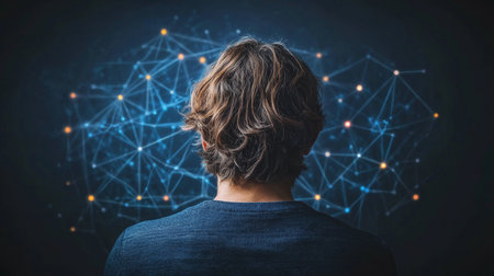 Visionary Tech Entrepreneur Contemplates Future Innovation in Digital Network Landscapeの素材