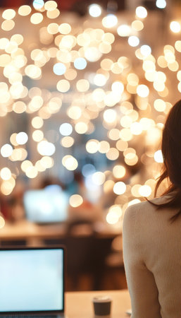 Woman Working In Serene Atmosphere, Eco Friendly Interior Workspace With Defocused Lightsの素材