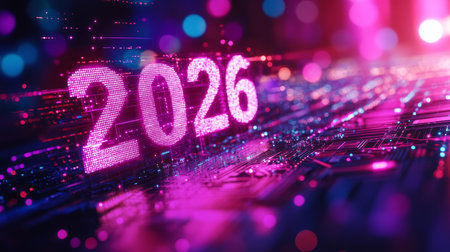 Year 2026 On Futuristic Circuit Board, Symbolic Of Technological Advancement And Innovationの素材