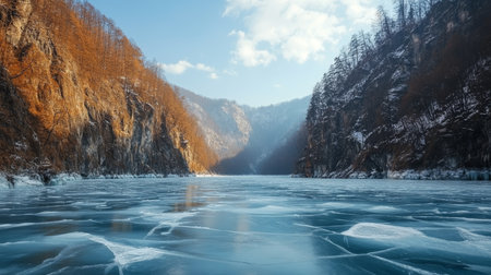 Frozen Lake Landscape, Blue Ice With Cracks, Winter Mountain Valley, Scenic Nature Viewの素材