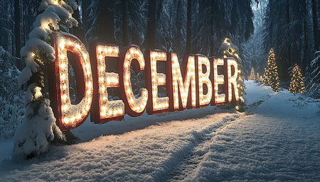 December in Lights A Snowy Landscape Twinkling with Winters Magic and Festive Illuminationの素材
