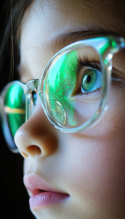 Curious Gaze, Close-up Portrait of Child with Eyeglasses Reflecting a Vibrant Green Light.の素材