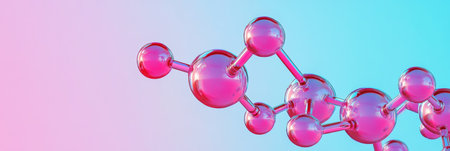 Pink 3D Illustration of an Abstract Molecular Structure on a Gradient Blue and Pink Background.の素材
