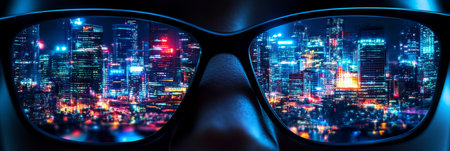 Close-up of Modern Glasses Reflecting the Dazzling Lights of a Futuristic Cityscape at Nightの素材