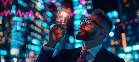 Businessman Illuminates Night City with Bright Idea Symbolizing Innovation in Digital Ageの素材