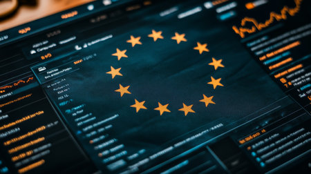EU Flag on Digital Screen, Stock Market Finance Economy Trend Graph and Infographics Dataの素材