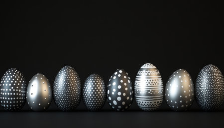 Minimalist Easter Design A Row of Black  Silver Polka Dot Easter Eggs on a Black Backgroundの素材
