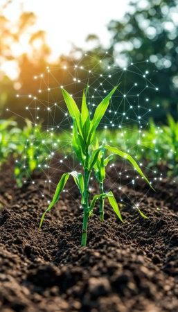 Young Maize Seedling in Cultivated Field, Representing Modern Agricultural Technologyの素材