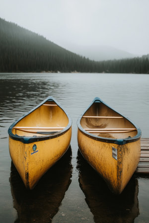 Two Yellow Canoes on a Wooden Dock, Resting on a Tranquil Mountain Lake Under Cloudy Skiesの素材