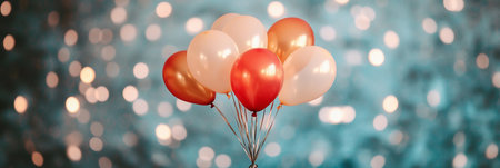 Red, Peach, and Metallic Gold Balloons Against a teal blurry background Bokeh With Lightsの素材