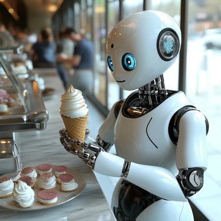 White Humanoid Robot with Artificial Intelligence Holding Ice Cream in a Modern Cafe Interiorの素材