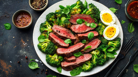 Sliced Grilled Steak Served with Boiled Eggs, Fresh Broccoli, and Greens on a White Plate, Top Viewの素材