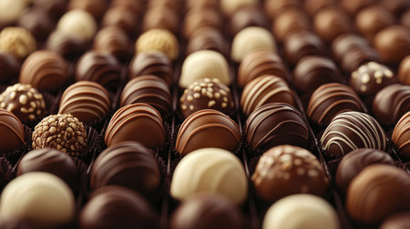 Variety of Delicious Chocolate Truffles in Rows. Chocolate Candy Assortment Backgroundの素材