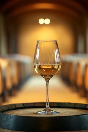 Glass Of White Wine On A Barrel, Romantic Atmosphere In The Wine Cellar, Winemaking, Vineyardの素材