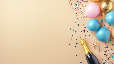 Festive Celebration Background With Champagne, Confetti, And Colorful Balloons On Goldの素材