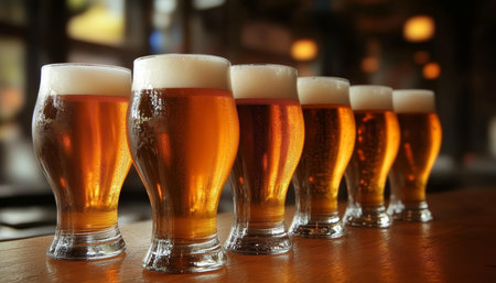 A Row of Fresh Draft Beer Glasses on a Bar Counter, Creating a Warm and Inviting Atmosphereの素材