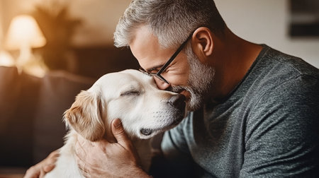 Tender Moment A Mature Man Shares an Affectionate Embrace with His Beloved Golden Retriever.の素材