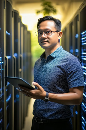IT Specialist Monitoring Servers in Data Center, Ensuring Network Security and Data Protection.の素材