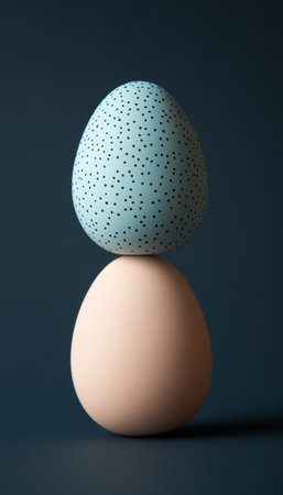 Minimalist Easter Two Pastel Polka Dot Eggs Carefully Balanced in a Stack on Blue Backgroundの素材