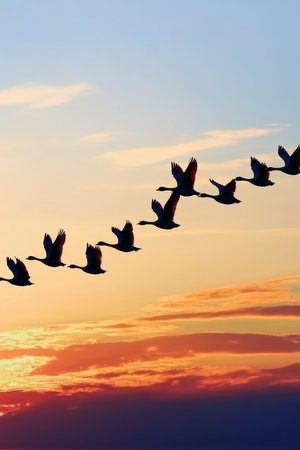 Flock of Geese in V-Formation, Silhouetted Against a Fiery Sunset Sky During Migrationの素材