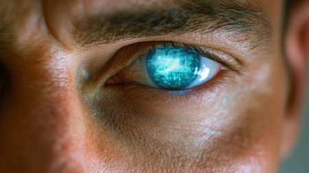 Closeup of a Male Human Eye with HUD Hologram Futuristic Ophthalmology and Biometricsの素材