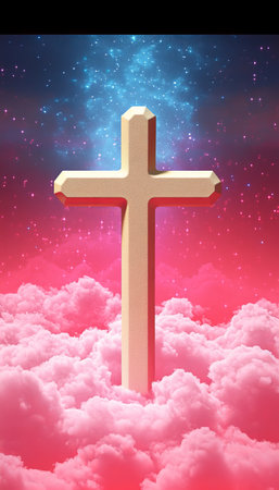 Glowing Cross Amidst Pastel Clouds Symbolizing Faith, Hope, and Resurrection in Christianityの素材