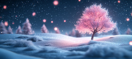 Winter Wonderland Magical Glowing Tree with Falling Snow and Sparkling Lights, a 3D Illustrationの素材